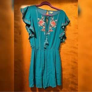 En Creme Teal Embroidered Romper